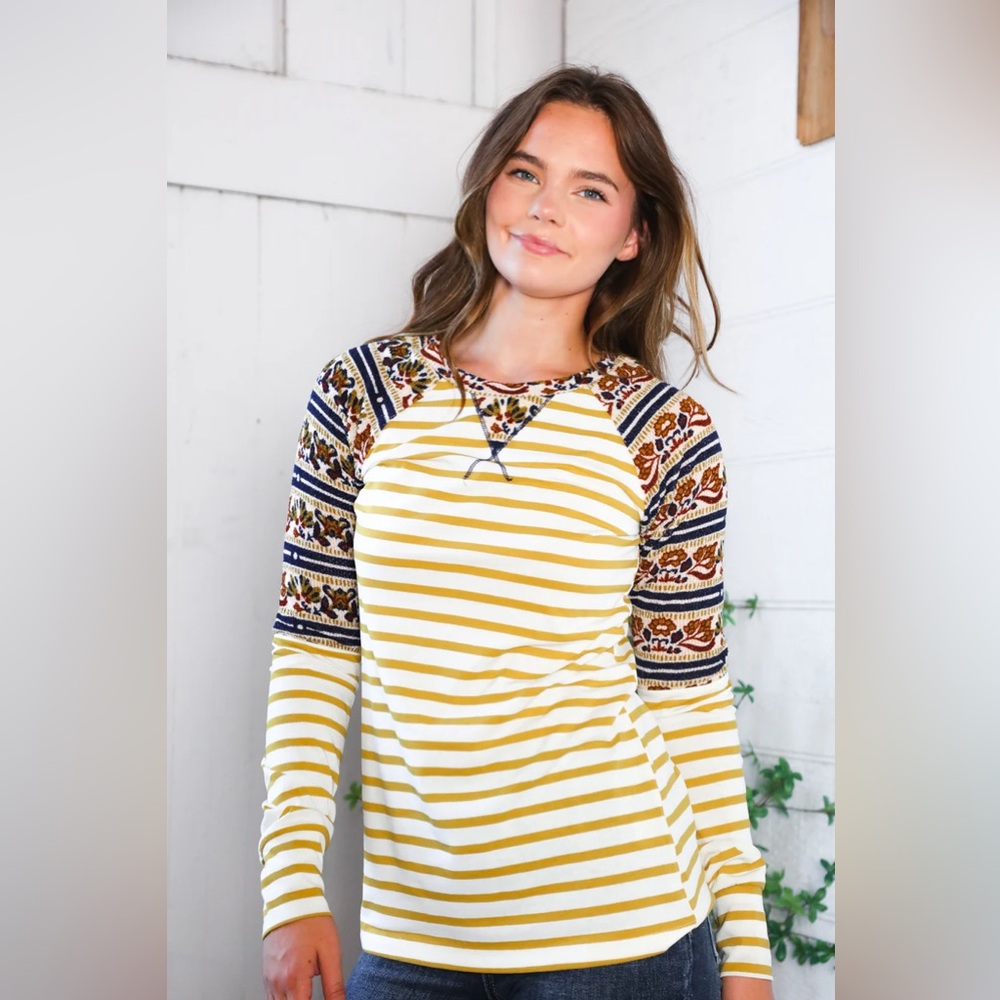 057 And The Why Stripe Print Design Long Sleeve Raglan Top